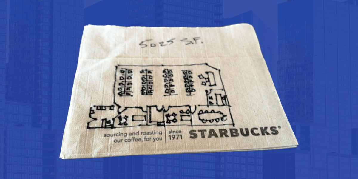 Sketch of office space on a starbucks napkin